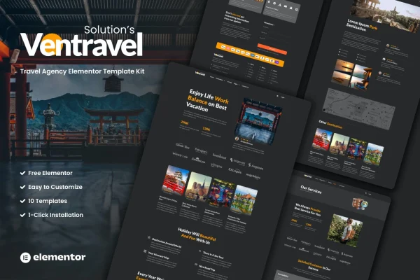 Ventravel travel agency Elementor template kit cover with destination page layouts