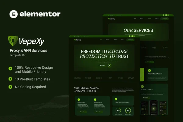 Vepexy proxy and VPN services Elementor template kit preview