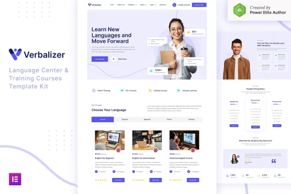 Verbalizer language courses and learning center Elementor template kit preview
