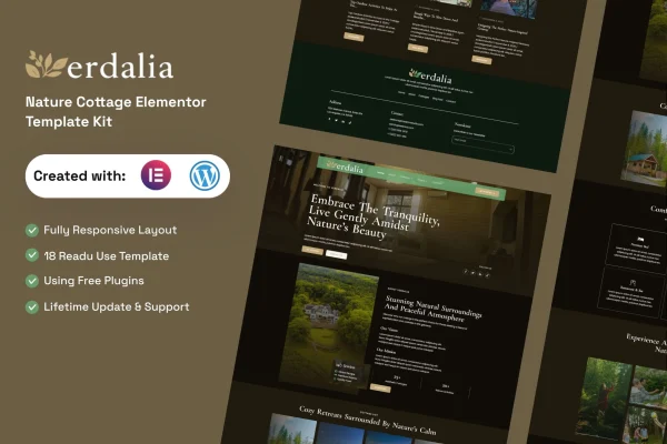 Verdalia nature cottage Elementor template kit preview with earthy, organic page layouts