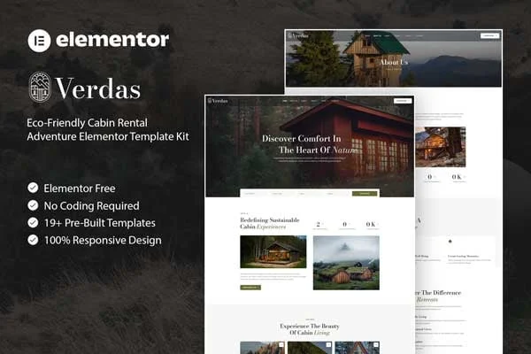 Verdas eco-friendly cabin rental Elementor template kit preview