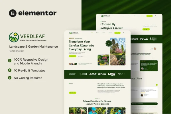 Verdleaf landscaping and garden maintenance Elementor template kit preview