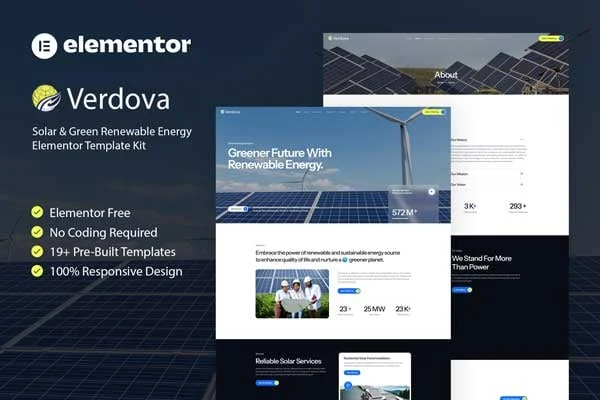 Verdova solar and renewable energy Elementor template kit preview