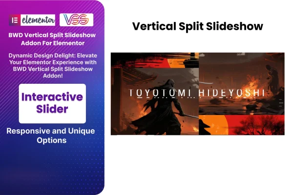 Vertical Split Slideshow Elementor addon banner showing a vertically split slider