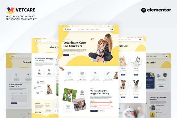 Vetcare pet care and veterinary Elementor Pro template kit preview