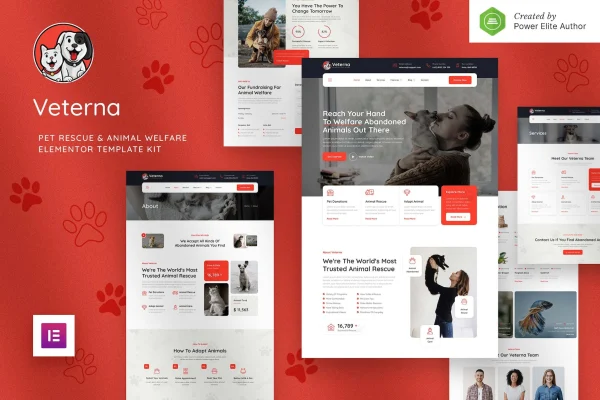 Veterna pet rescue and animal welfare Elementor template kit cover image