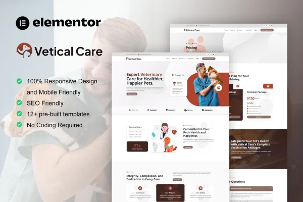 VeticalCare veterinary and pet care Elementor template kit preview