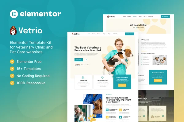 Vetrio veterinary clinic and pet care Elementor template kit preview