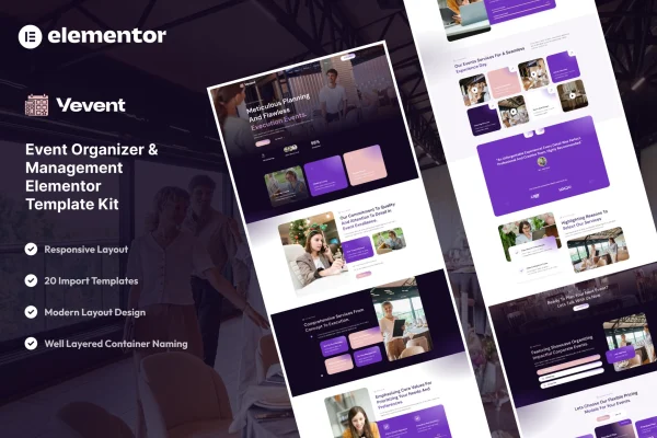 Vevent event planner Elementor template kit preview