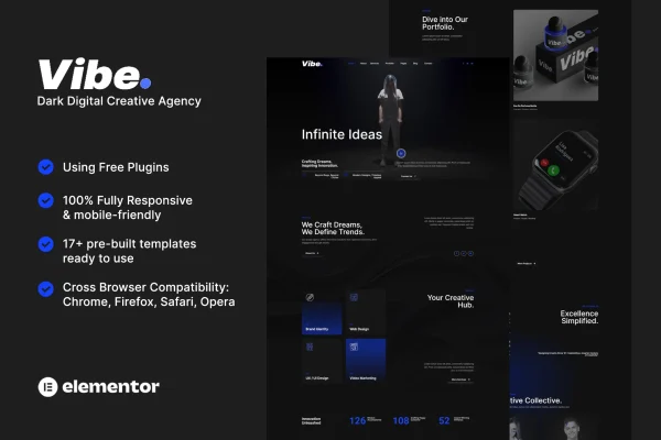 Vibe dark creative agency and portfolio Elementor template kit preview