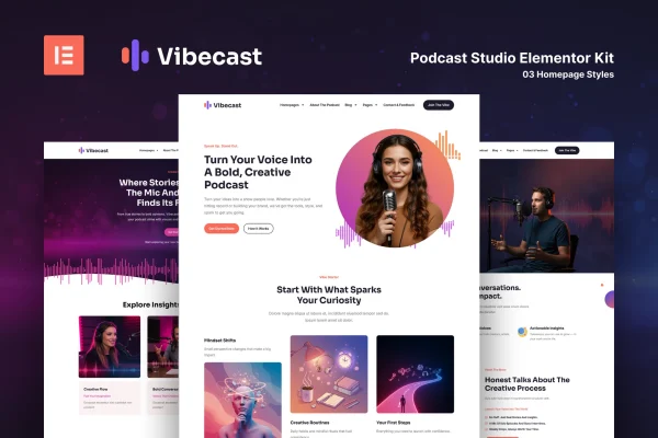 Vibecast podcast studio Elementor Pro template kit preview