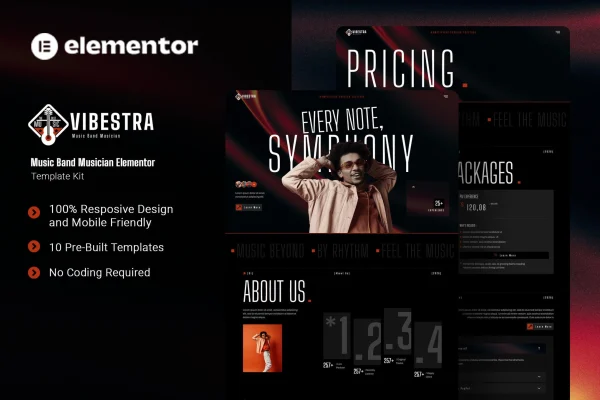Vibestra music band and musician Elementor template kit preview