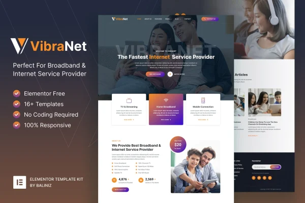 Vibranet broadband and internet service provider Elementor template kit preview