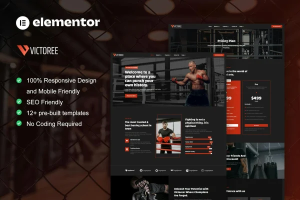 Victoree boxing school and martial arts Elementor template kit preview