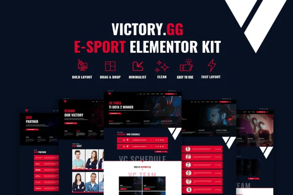 Victory esports and gaming Elementor template kit preview in dark blue and crimson