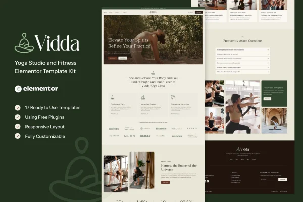 Vidda yoga studio and fitness Elementor template kit preview