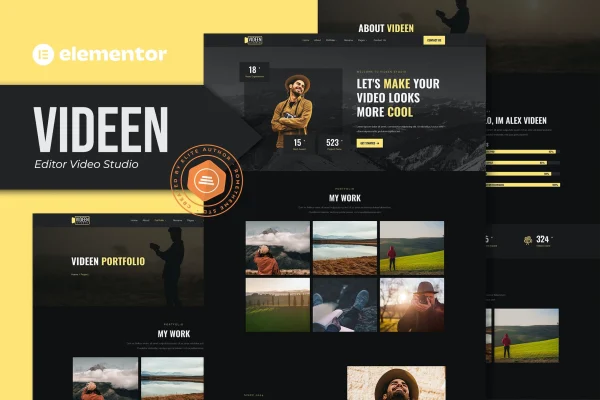 Videen video editor studio Elementor template kit preview with dark page layouts
