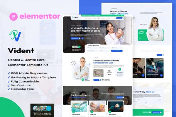 Vident dentist and dental care Elementor template kit preview
