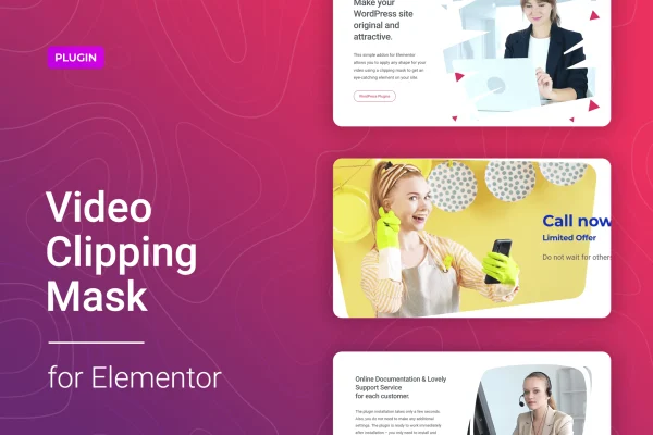 Videor for Elementor plugin banner showing video clipped inside custom shapes