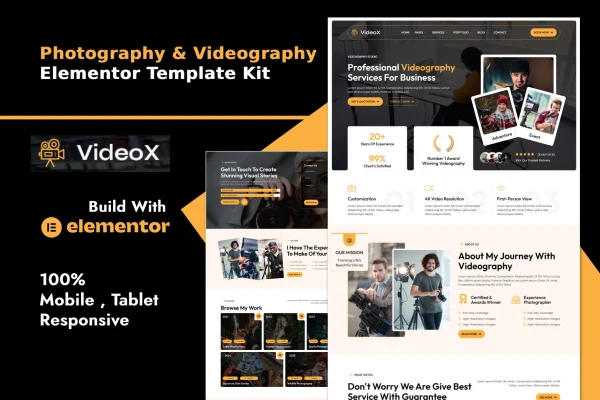 Videox photography and videography Elementor template kit preview