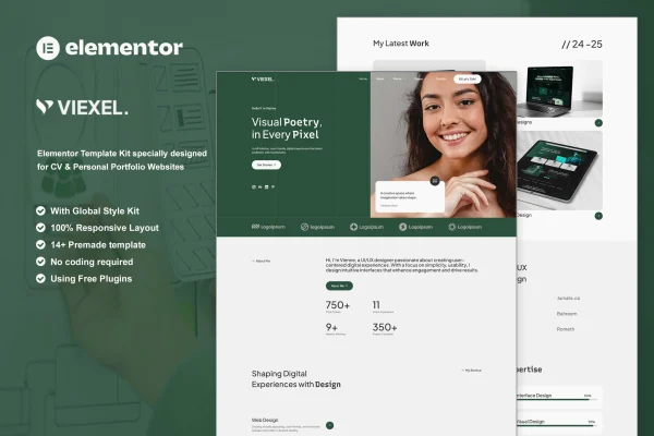 Viexel CV and personal portfolio Elementor template kit cover image