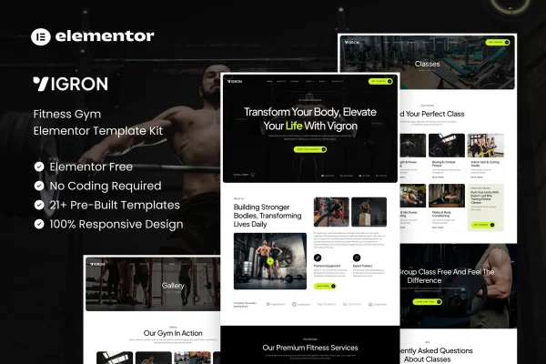 Vigron fitness gym Elementor template kit cover showing gym website page designs