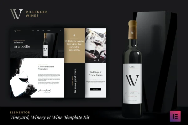 Villenoir wine template kit preview showing elegant winery website pages