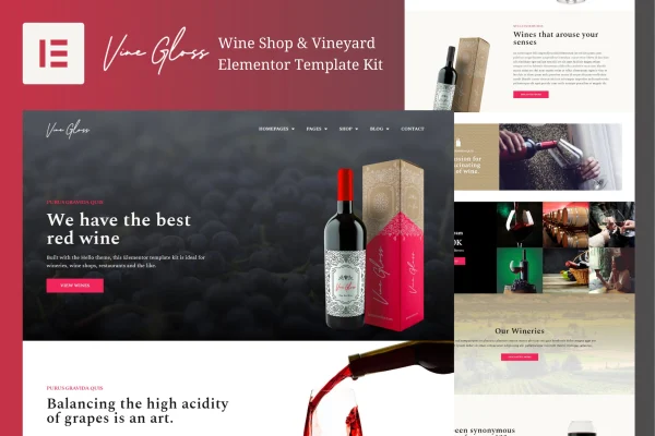 Vine Gloss wine shop and vineyard Elementor template kit preview