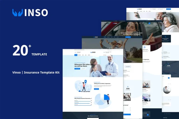 Vinso insurance Elementor template kit cover showing homepage layouts