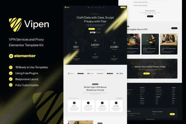 Vipen Elementor template kit preview for VPN and proxy service websites