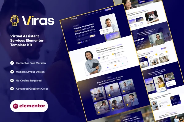 Viras virtual assistant services Elementor template kit preview