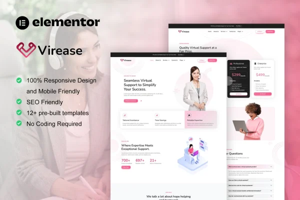 Virease virtual assistant service Elementor Pro template kit preview