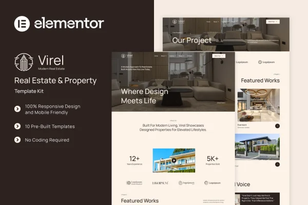 Virel real estate and property Elementor template kit preview