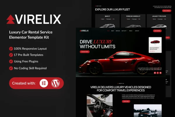 Virelix luxury car rental Elementor template kit preview