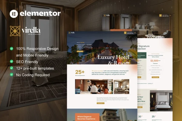Virella luxury hotel and resort Elementor Pro template kit preview