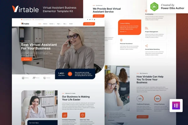 Virtable virtual assistant business Elementor template kit preview