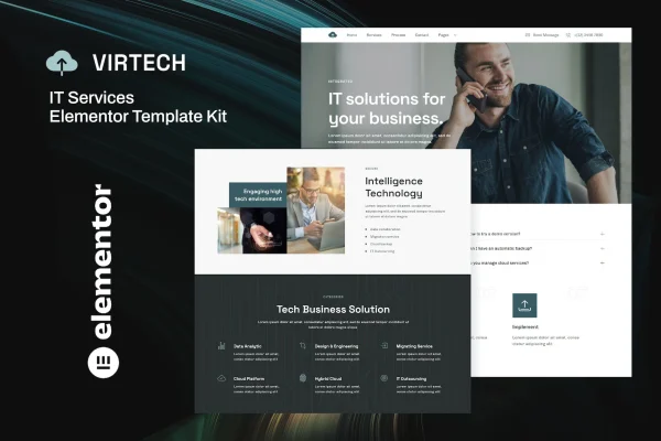 VirTech IT Services Elementor template kit preview showing tech company website pages