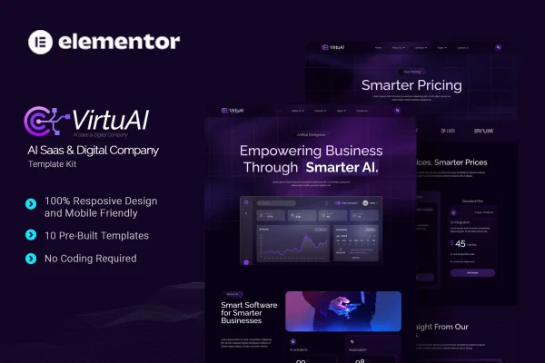 VirtuAI Elementor template kit cover showing AI SaaS website page layouts