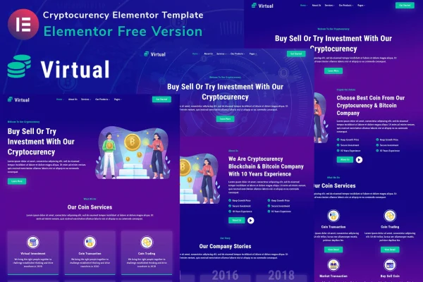 Virtual cryptocurrency and blockchain Elementor template kit cover image
