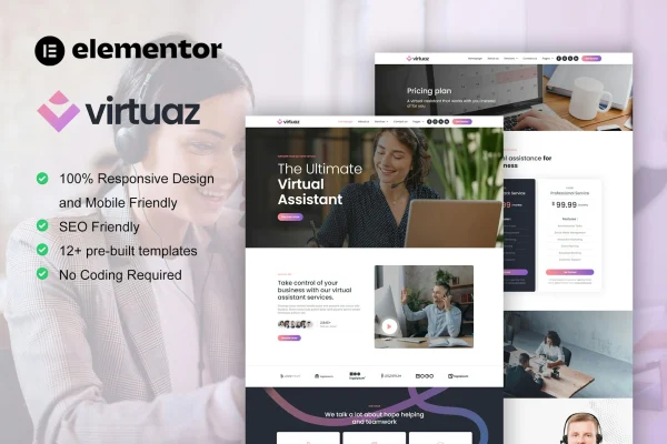 Virtuaz virtual assistant business Elementor template kit preview