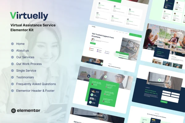 Virtuelly virtual assistant service Elementor template kit preview