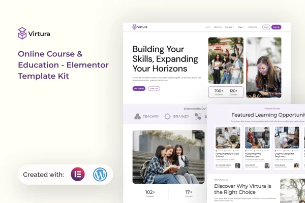 Virtura online course and education Elementor template kit preview
