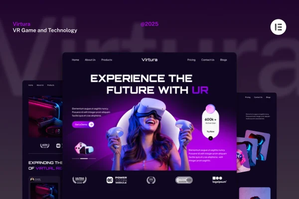 Virtura Elementor template kit preview for a VR game and technology website