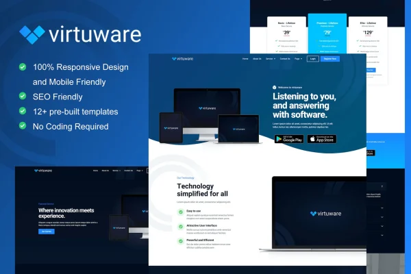 Virtuware SaaS and digital company Elementor kit page templates preview