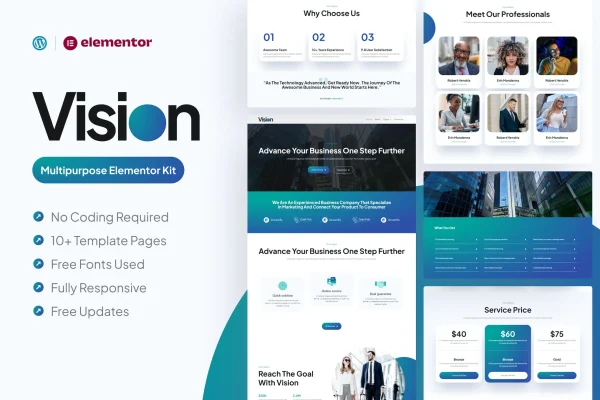 Vision multipurpose Elementor Pro template kit page previews