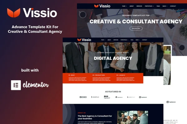 Vissio business Elementor template kit preview showing page layouts
