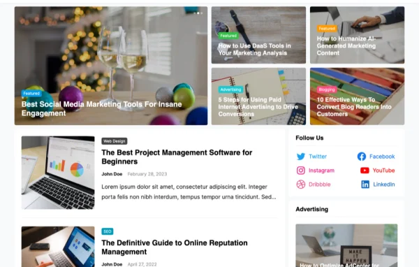 VisualBlog Pro WordPress blogging theme preview with homepage layouts