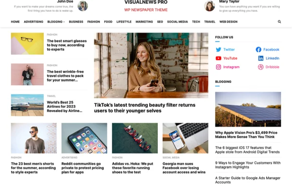 VisualNews Pro WordPress theme cover showing a news and magazine homepage layout