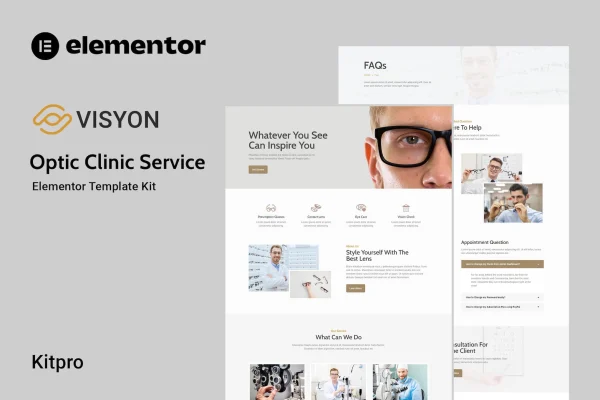 Visyon optic clinic Elementor template kit preview showing eye care website pages