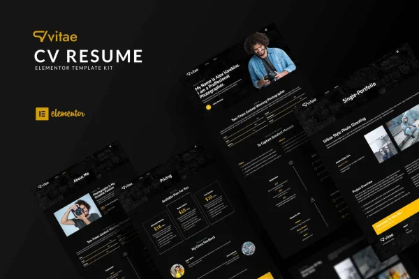 Vitae CV resume Elementor template kit preview with personal portfolio page layouts